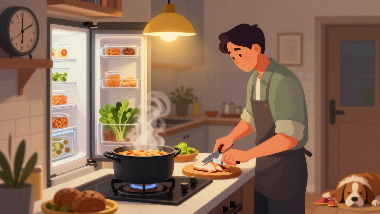 Person slicing chicken in a busy kitchen with fridge open, fresh greens, and stove simmering lentils.