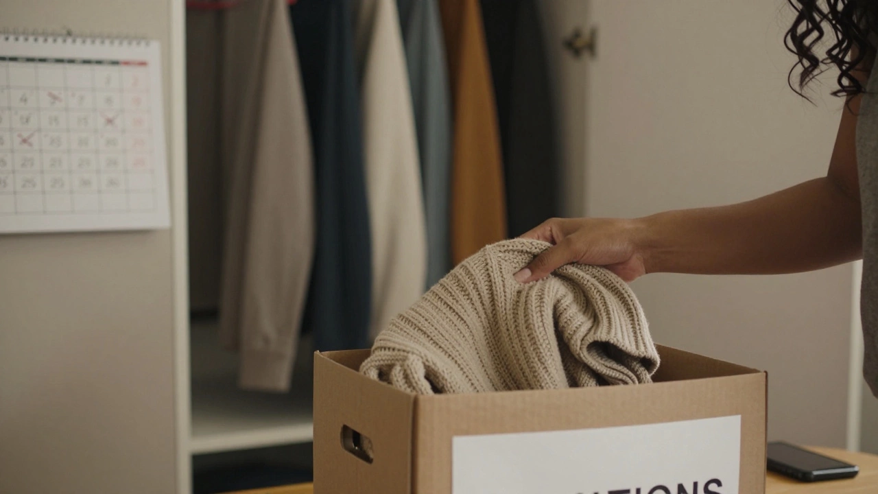 Someone donating an old sweater in a closet with only a few clothes left, phone face down on table.