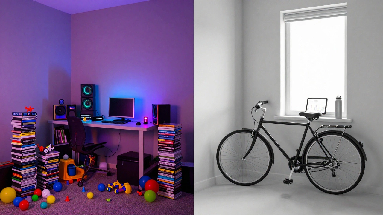 Split image contrasting a cluttered 2000s bedroom with a minimalist version of the same space decades later.