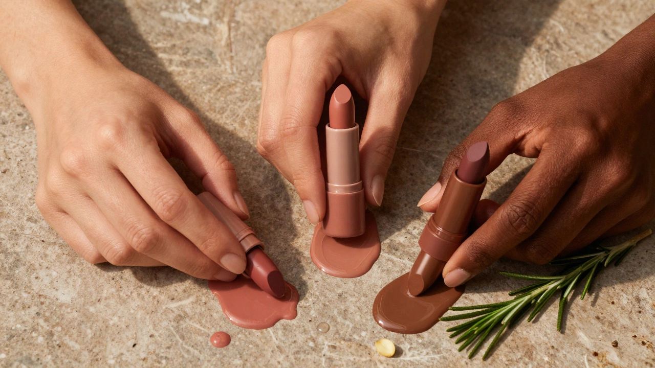 Three hands with different skin tones holding complementary nude lipsticks on stone with natural oils.