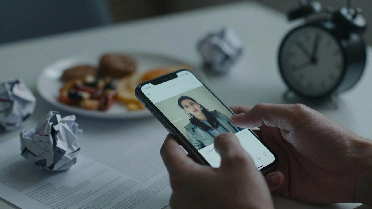 Trembling hands deleting a photo amid neglected daily items, symbolizing perfectionism and emotional strain.