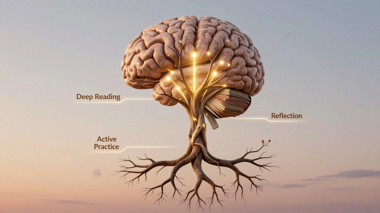 A brain shaped like a tree with golden learning pathways branching outward.