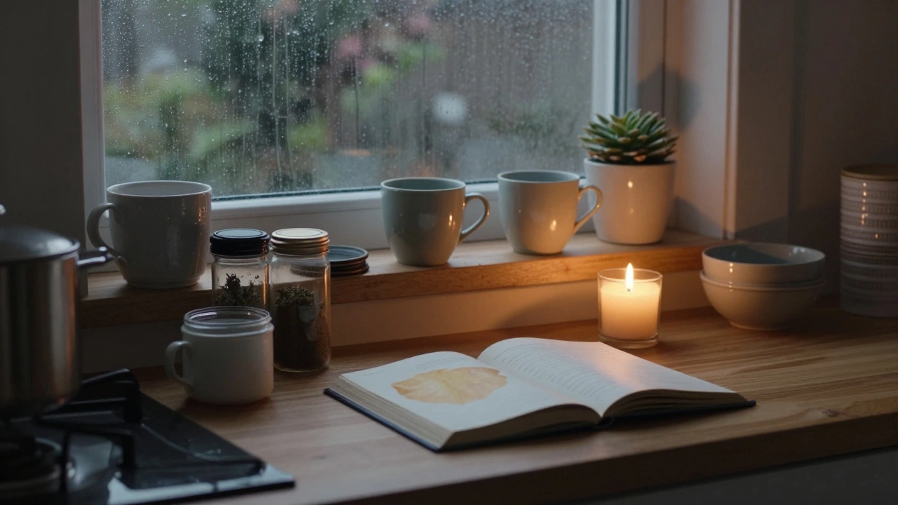 A cluttered kitchen counter at dusk with coffee cups, a recipe book, and a flickering candle under soft light.
