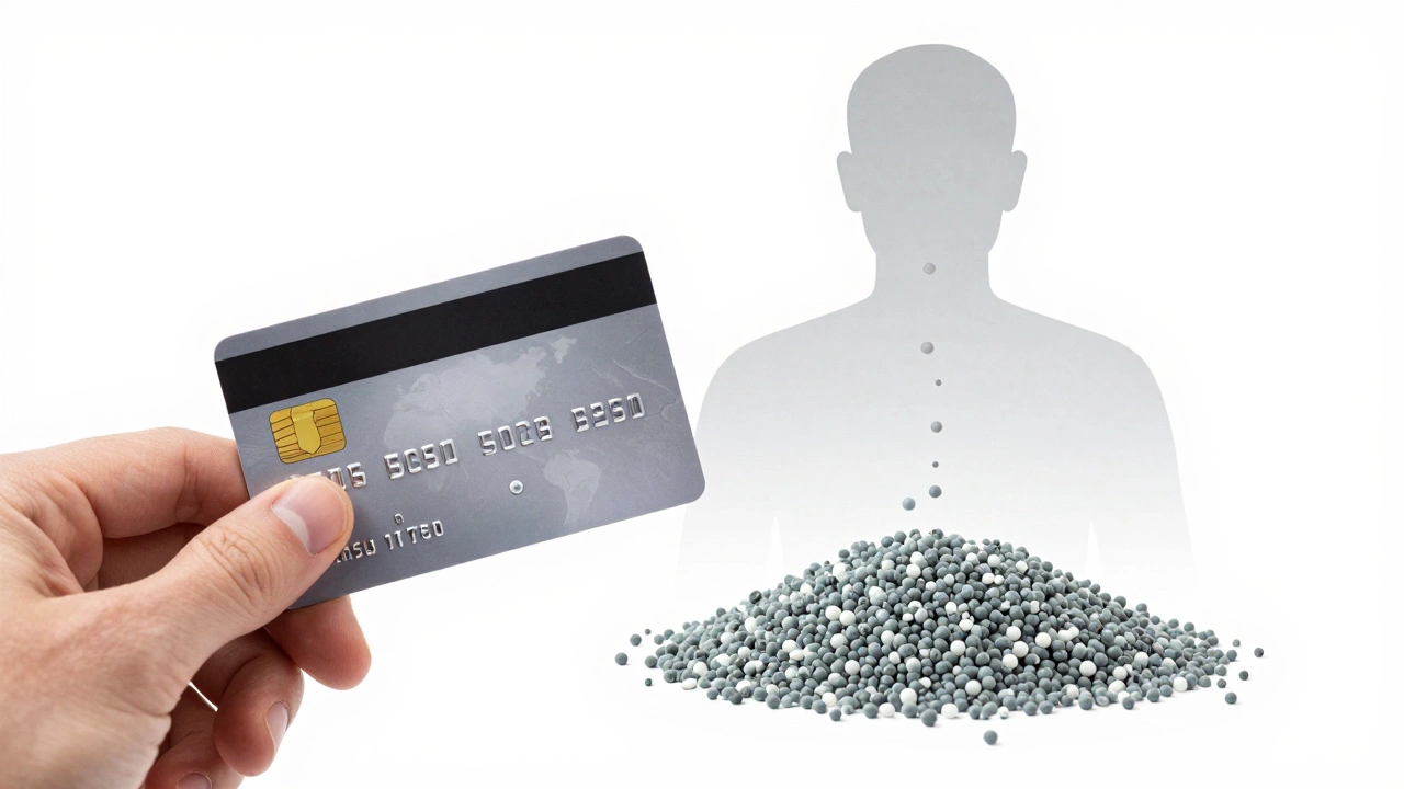 A credit card beside a pile of microplastic particles shaped like it, floating into a human silhouette.