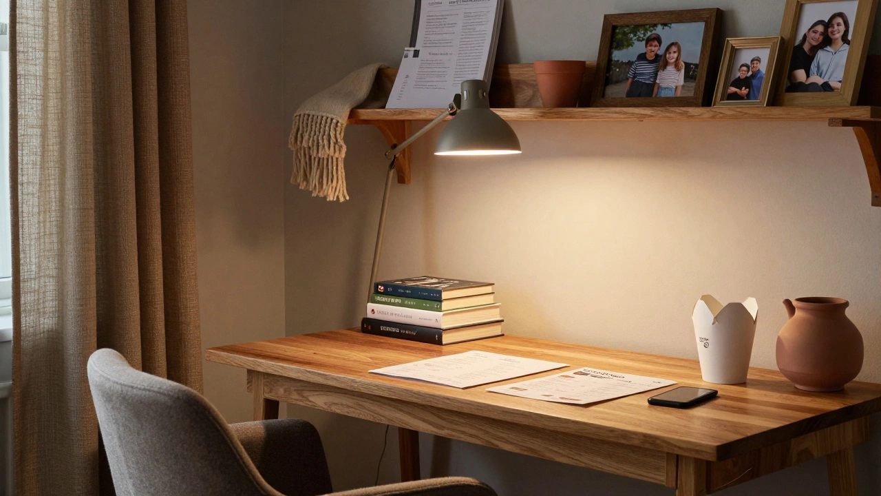 A hybrid home workspace with wooden desk, floor lamp, and shelves holding books and photos in a natural-materials setting.