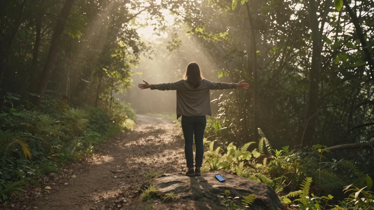 A person standing peacefully at sunrise in a forest, phone turned off on a rock nearby, embracing the quiet morning.