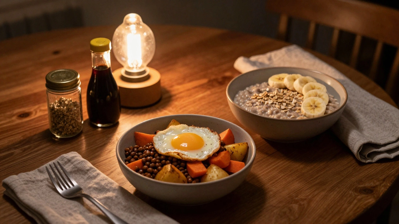A simple dinner of roasted vegetables and egg beside oatmeal with banana, lit by a single warm bulb.