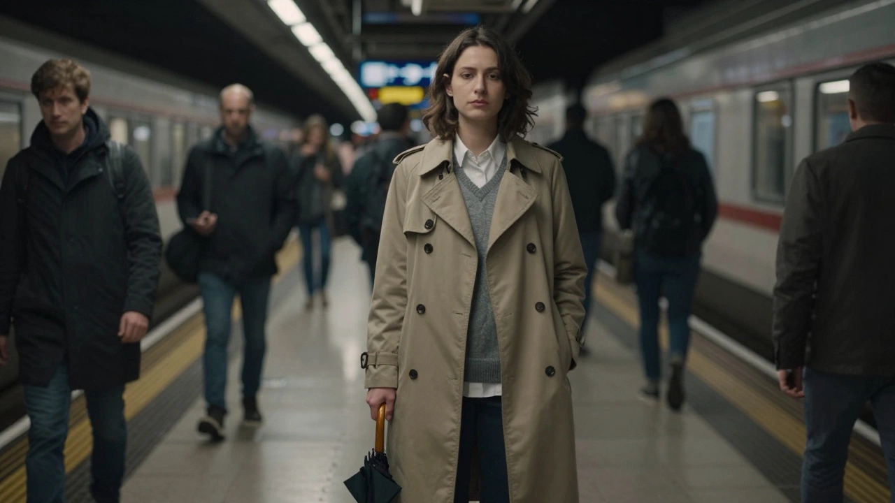 Commuter on London Underground in trench coat and neutral layers, holding an umbrella in rainy station.