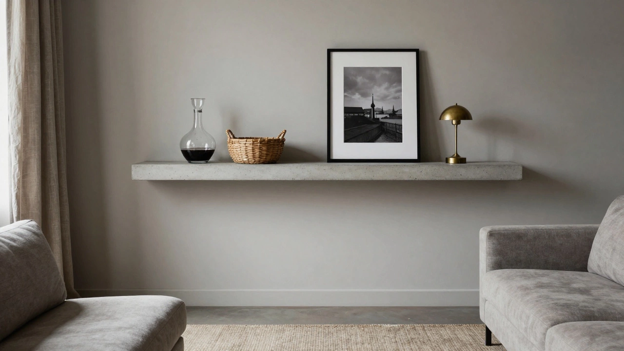 Concrete shelf above sofa with decanter, basket, photo, and lamp in neutral living room.
