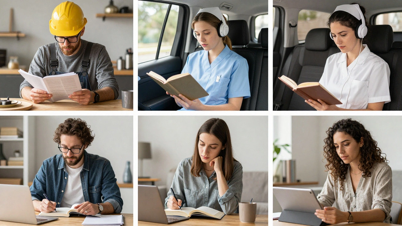 Diverse people learning in everyday settings: reading, listening, and taking notes.