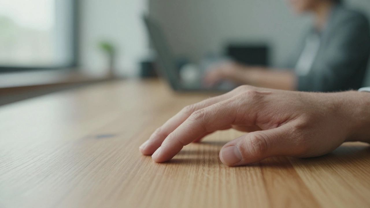 Fingers tapping in sequence on a table, symbolizing the five steps of the S.N.A.C.K. mindfulness method.