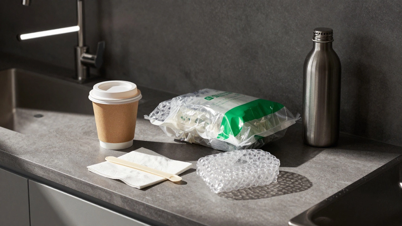 Kitchen counter cluttered with single-use plastic packaging, a reusable bottle ignored in the corner.