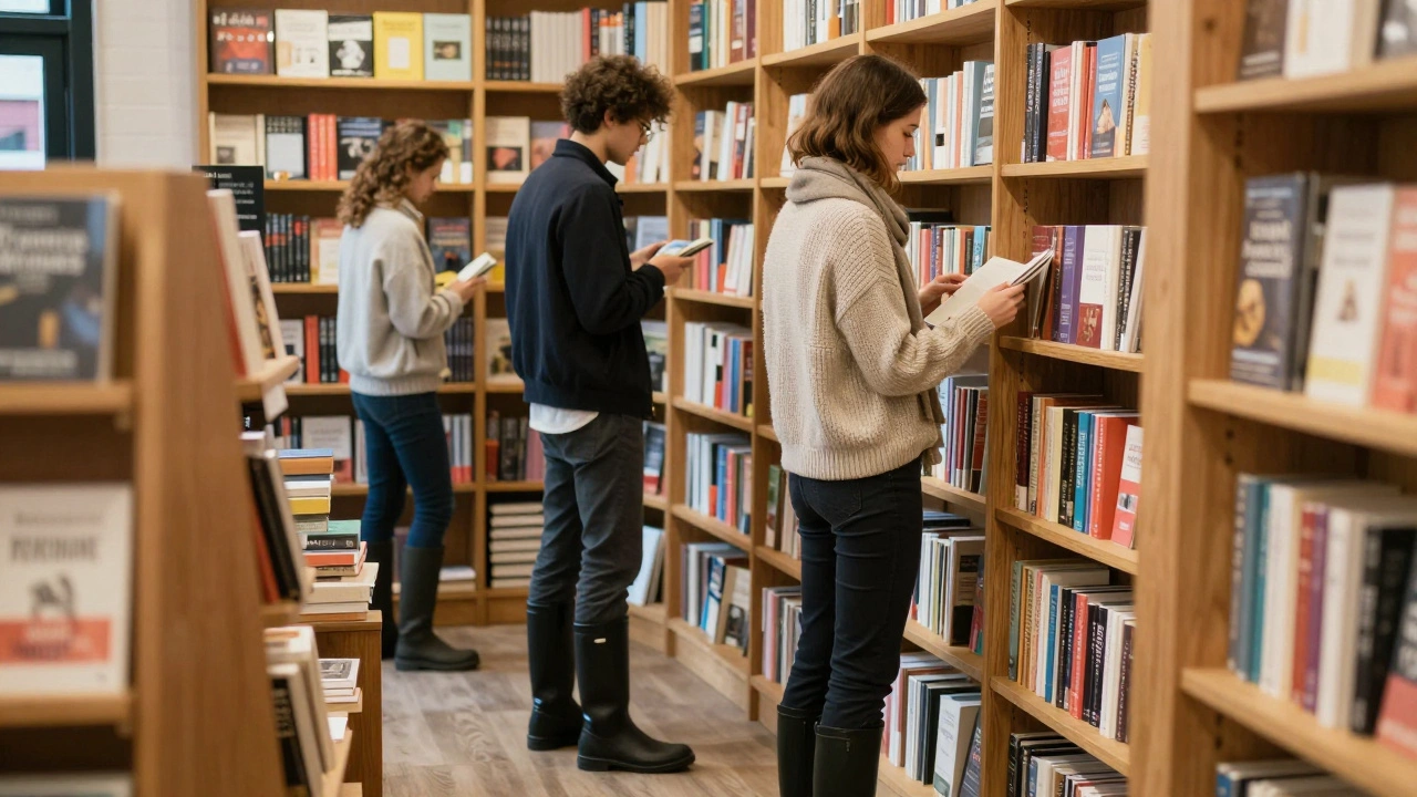 Locals browsing books in a Shoreditch bookstore dressed in layered neutral tones with waterproof boots.