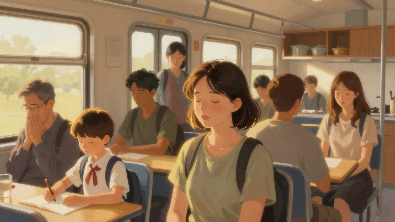 People in daily life moments pausing briefly, with golden light surrounding them, representing mindful awareness.