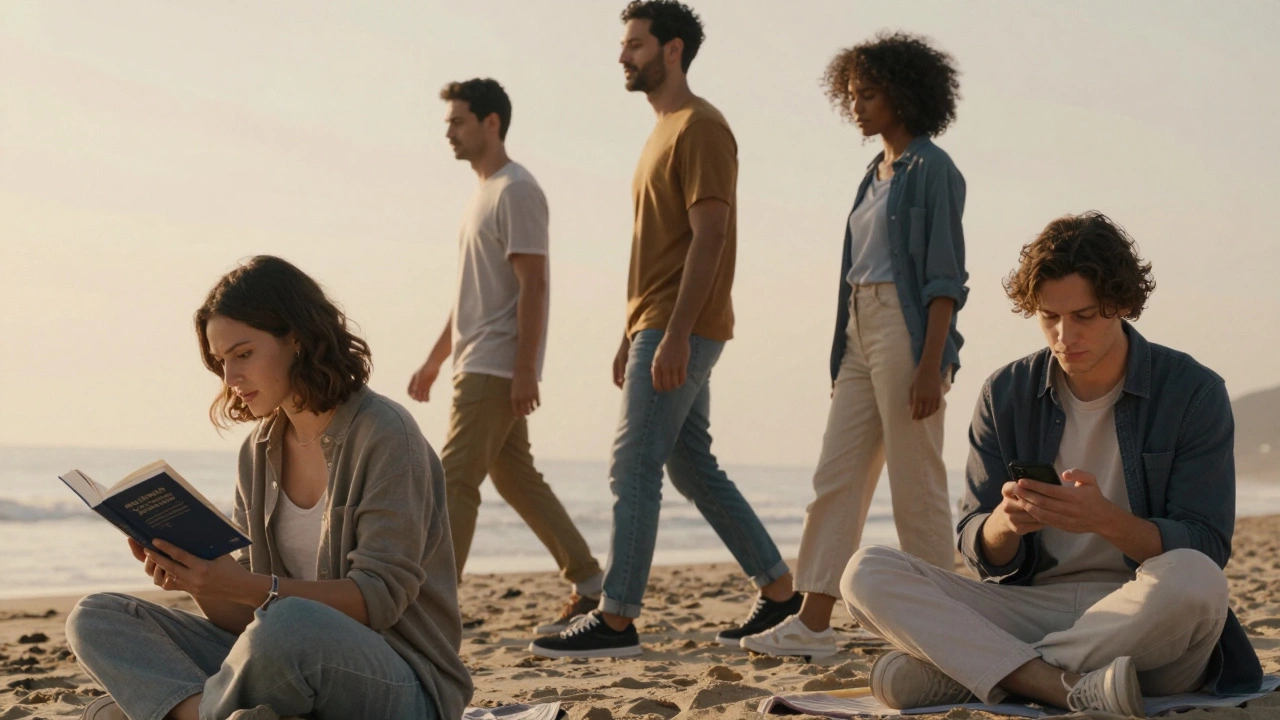 People practicing personal balance rituals: walking, reading, and turning off their phone at sunset.