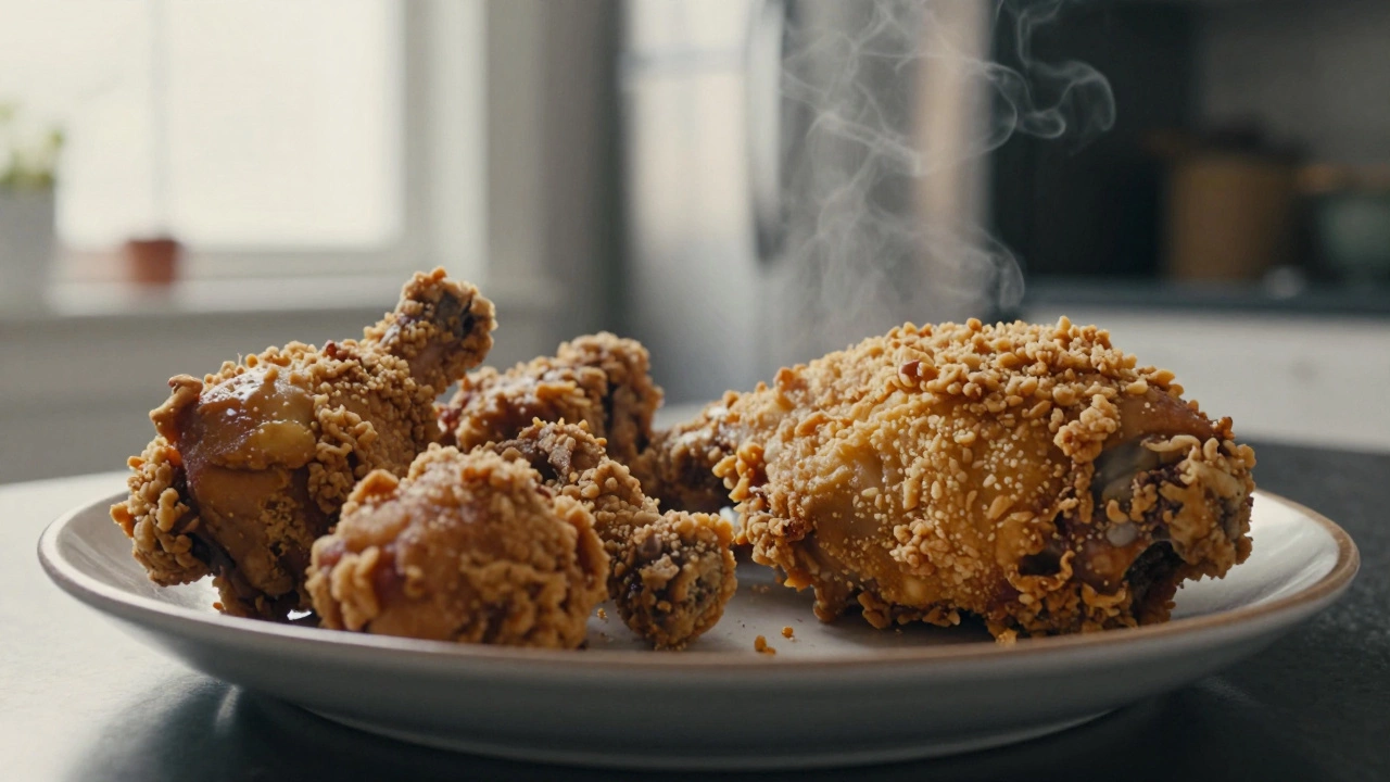Soggy fried chicken next to a crispy baked chicken thigh on a plate with natural light.