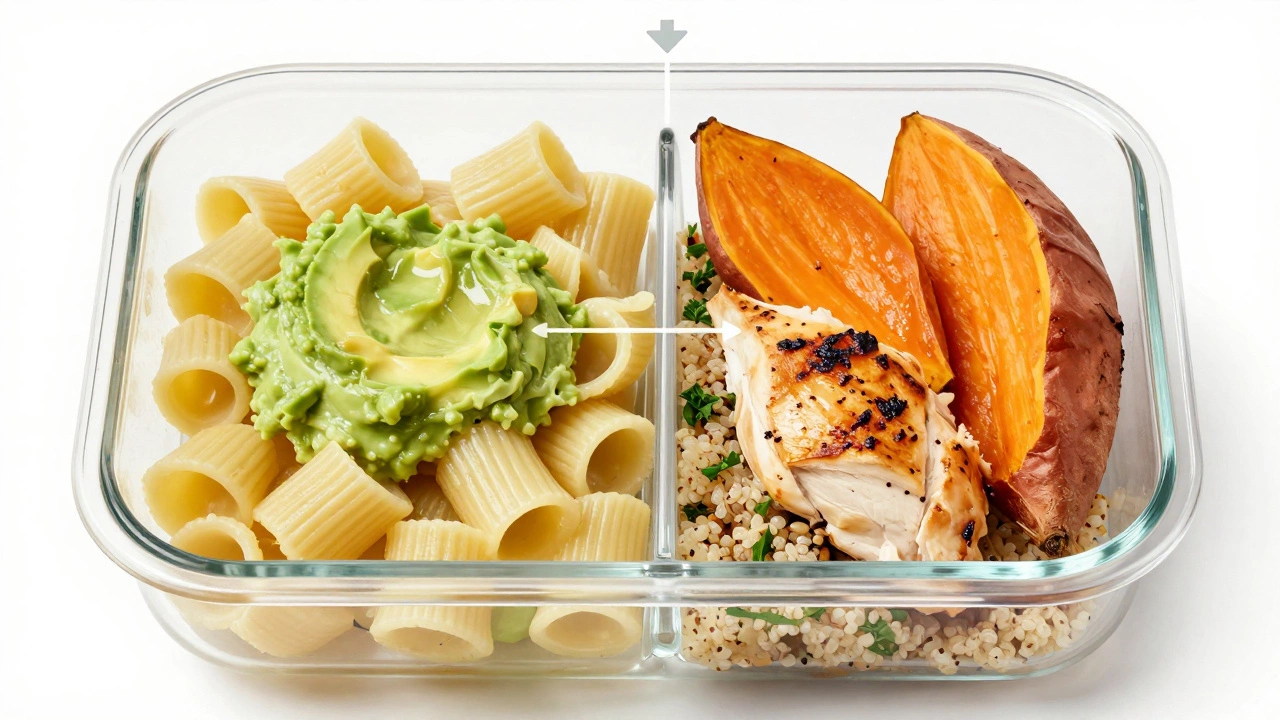 Split container showing spoiled food on one side and fresh meal prep components on the other.