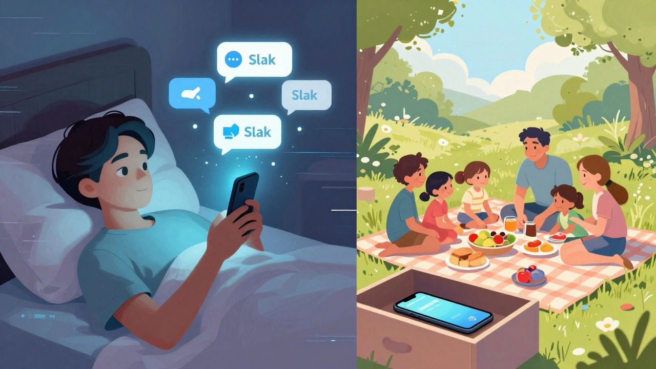 Split image: one side shows someone scrolling on their phone in bed at night, the other shows them enjoying a family picnic without devices.