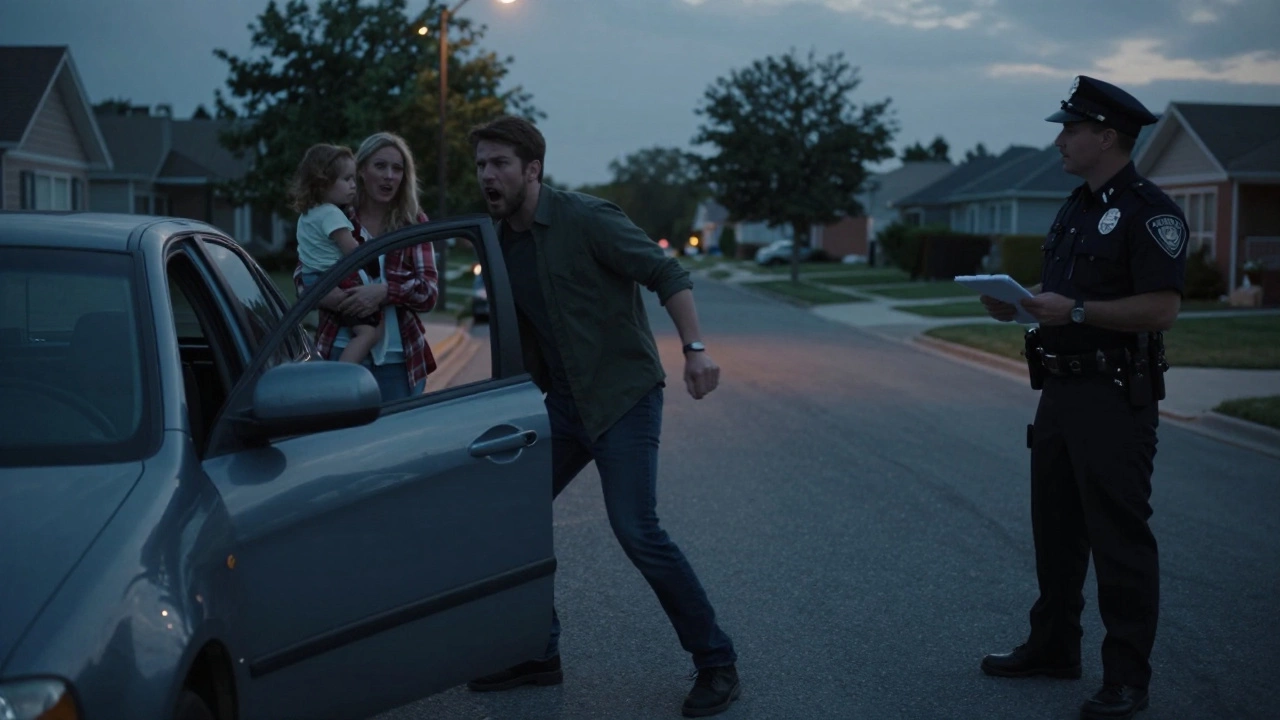 A man shouting angrily near a car while a woman holds a child, police officer observing in quiet street.