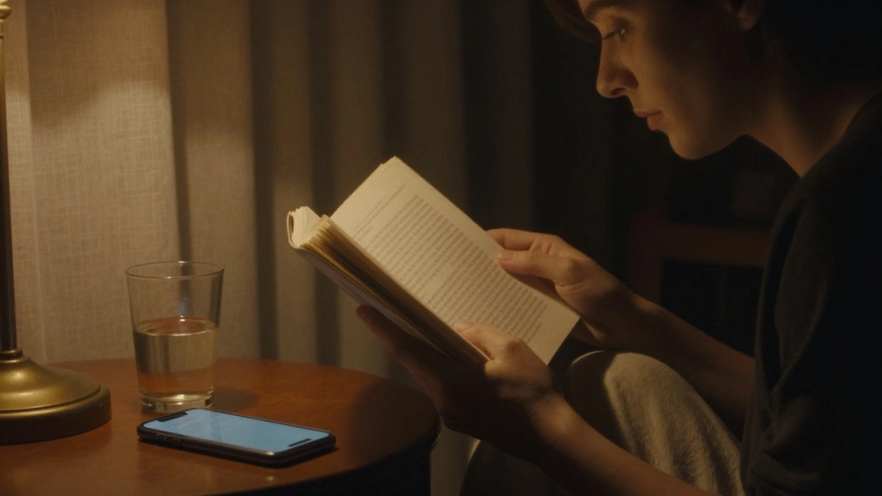 A person reading a printed book by lamplight at night, phone face down, warm light creating a calm atmosphere.