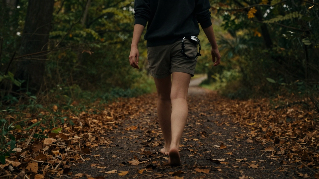 A person walking barefoot on a path at dusk, arms swinging, no devices, surrounded by nature.
