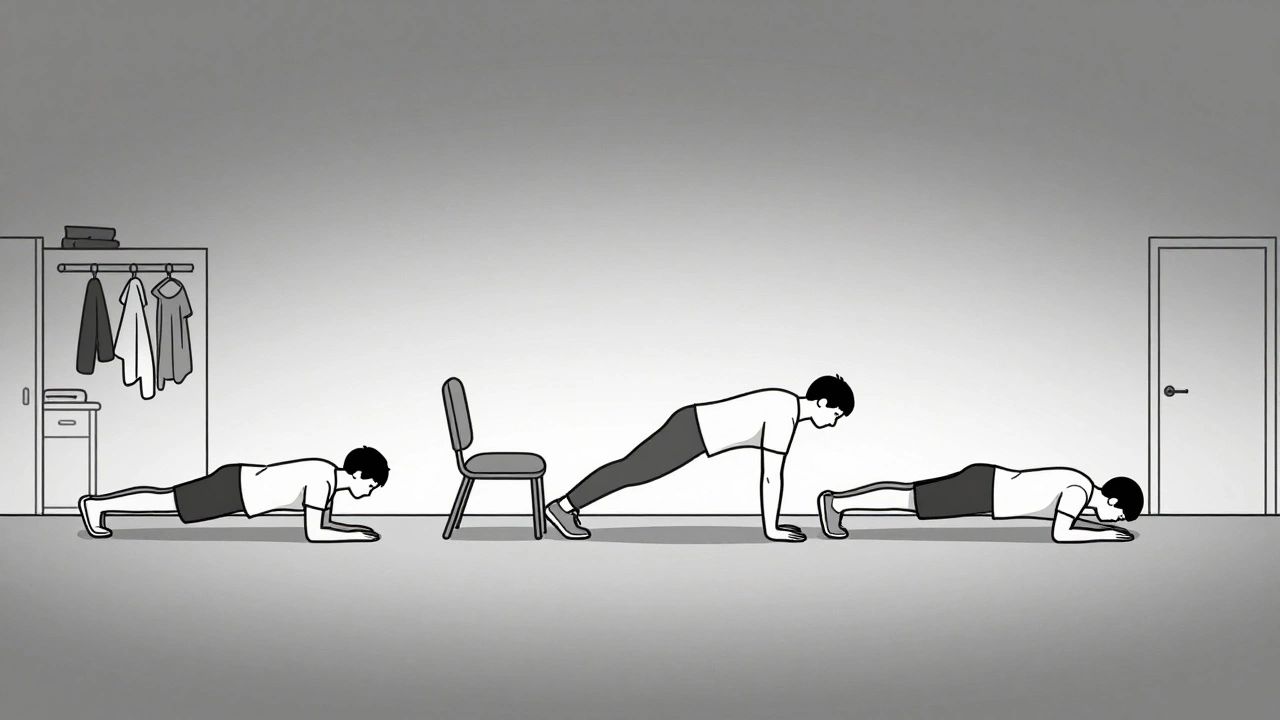 A sequence of four push-up variations showing progression from knees to one-arm push-ups over time.