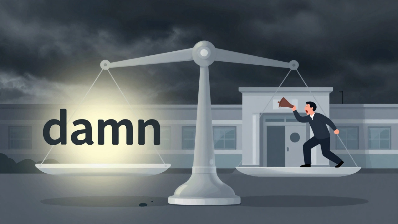 A symbolic scale balancing casual language against aggressive shouting near a hospital, light vs dark.
