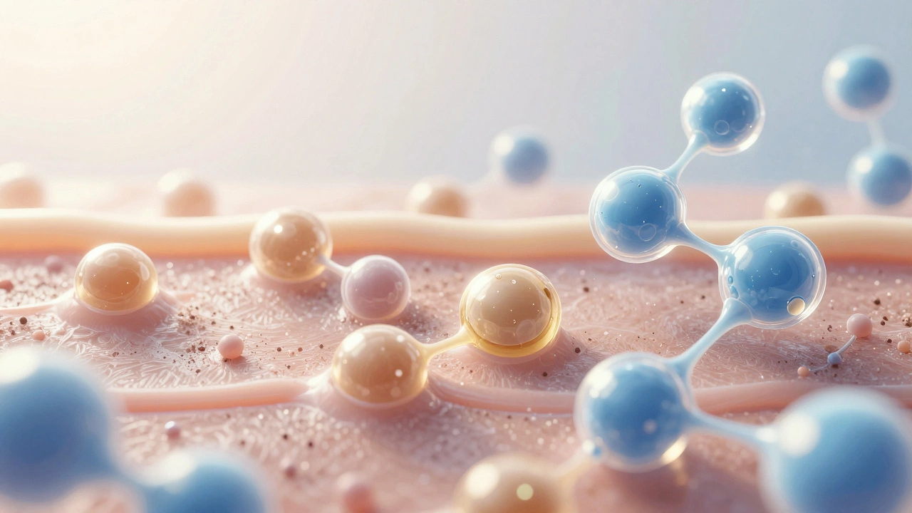 Abstract depiction of micelles attracting dirt versus toner molecules nourishing skin with hydrating ingredients.