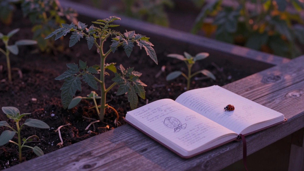 An overgrown garden at dusk with one thriving plant beside dead seedlings and an open notebook.