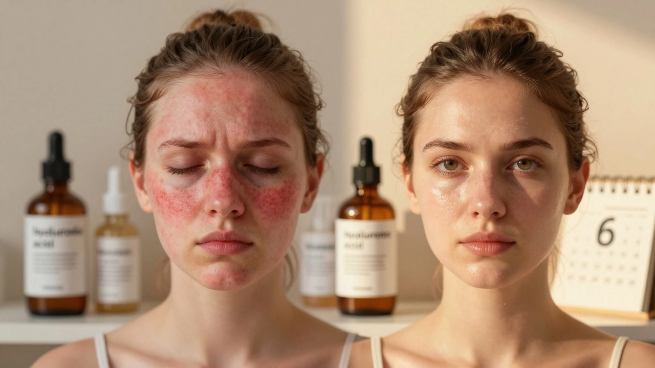 Contrasting images of irritated skin versus healthy, glowing skin with key skincare ingredients nearby.