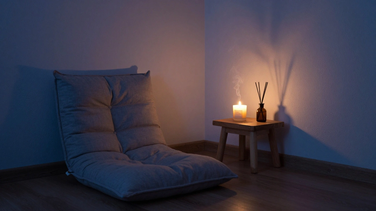Dimly lit quiet room corner with meditation cushion