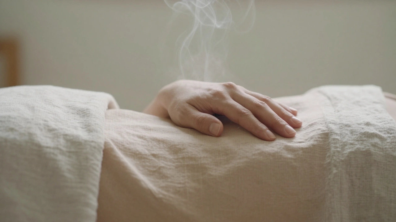 Hand resting on stomach during deep breathing exercise