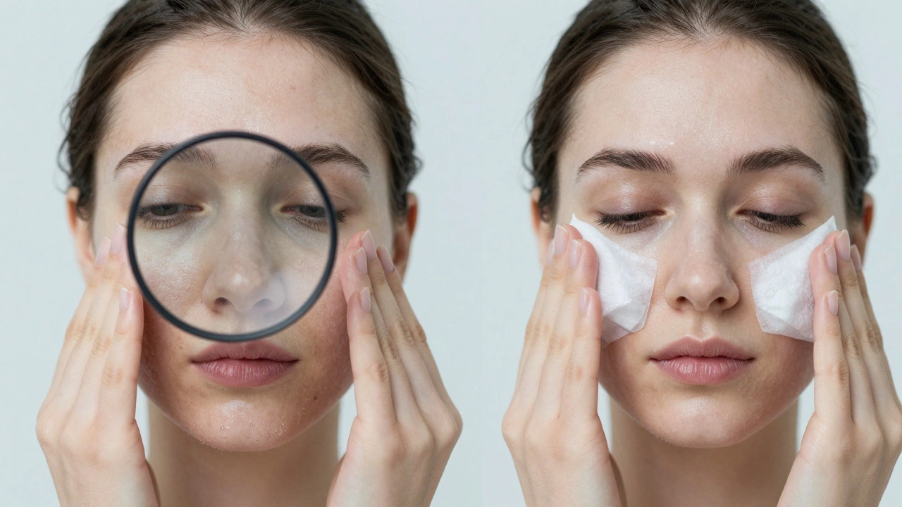 Left side shows skin with residue from micellar water only; right side shows clean, balanced skin after full routine.