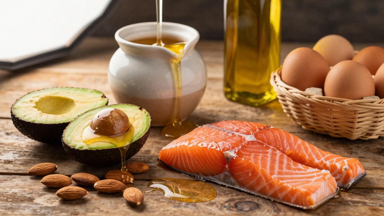 Nutrient-dense foods including avocado nuts and salmon on wooden surface