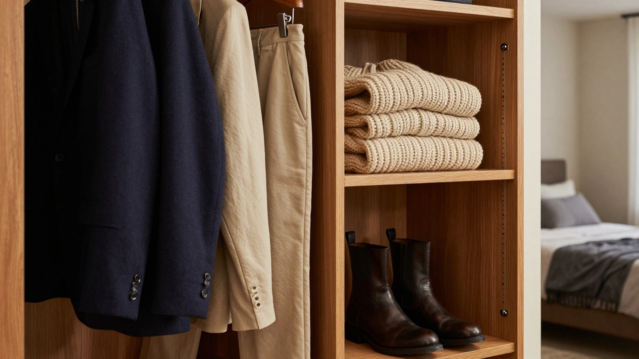 Organized closet with textured knitwear and blazers