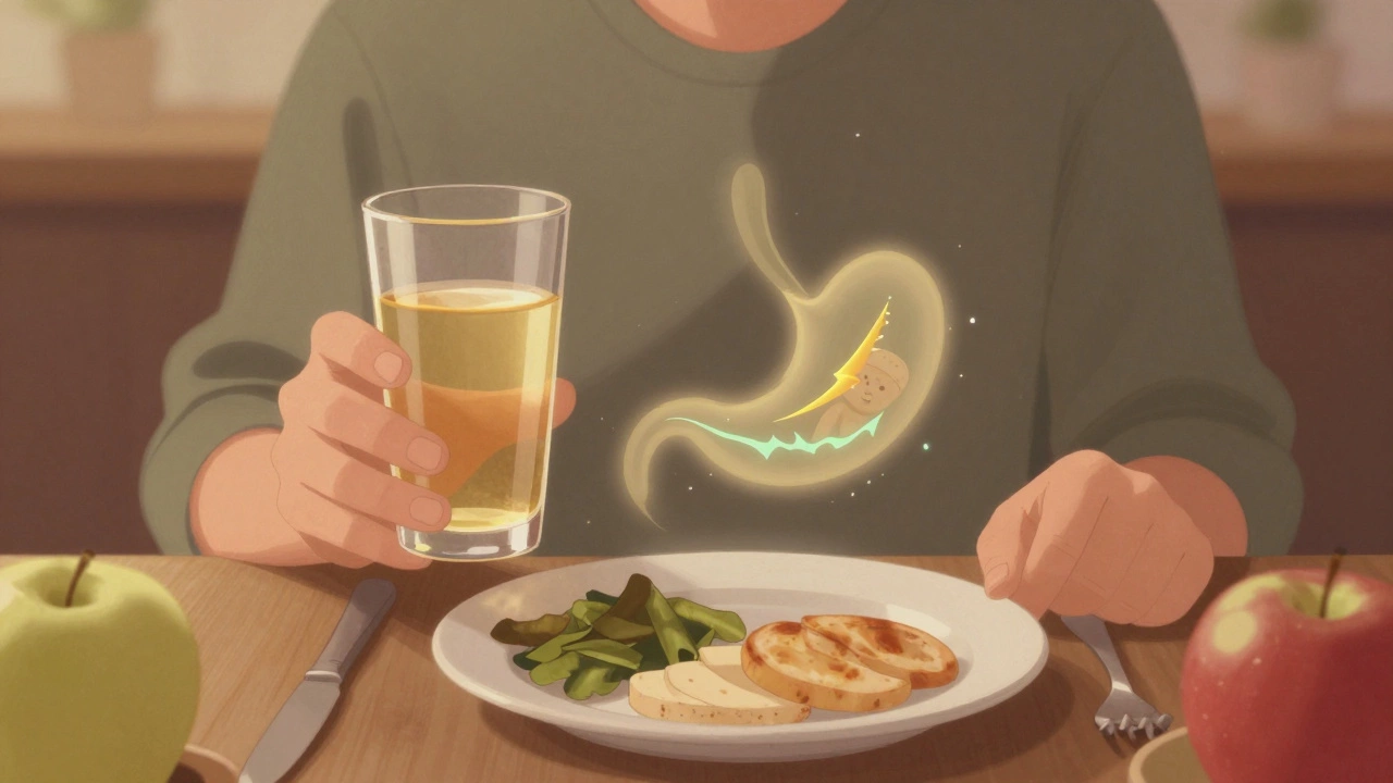 Person drinking diluted apple cider vinegar before eating, with visual cues of digestion and blood sugar effects.