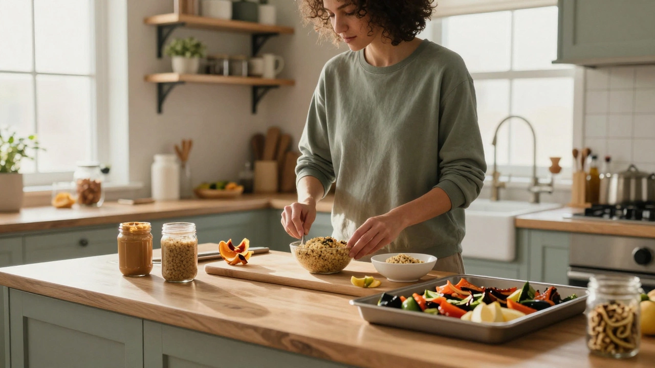 Person preparing healthy meals in home kitchen with various ingredients