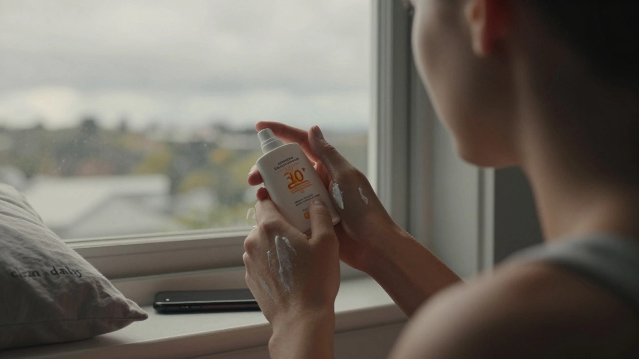 Someone applying sunscreen to their face and neck by a window in cloudy weather, lightweight formula blending into skin.
