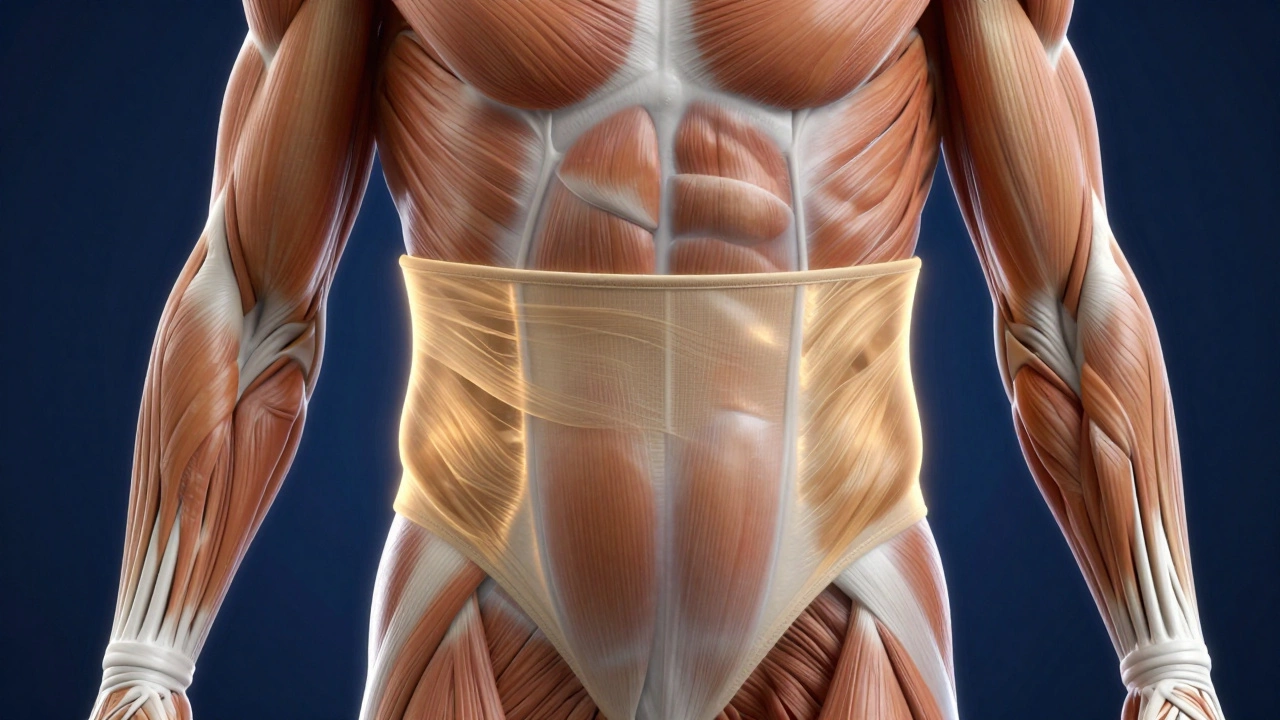 3D anatomical visualization of the transverse abdominis muscle as a glowing internal corset