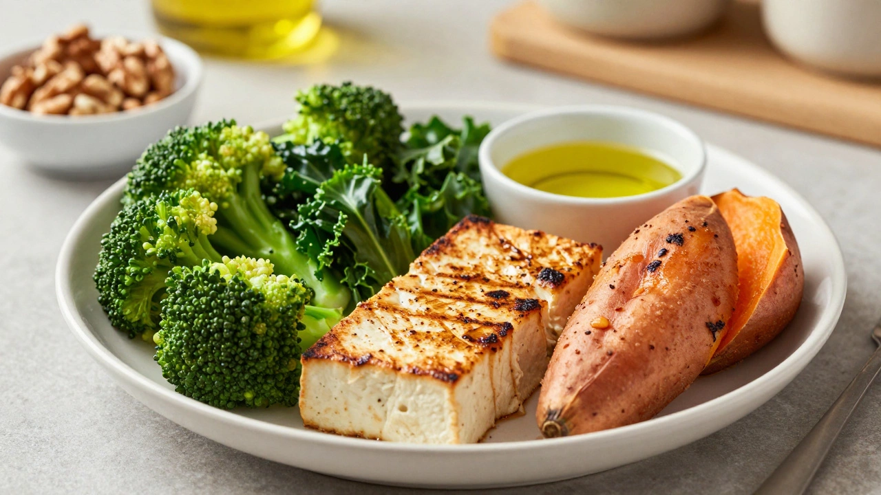 A balanced meal plate with broccoli, organic tofu, and roasted sweet potatoes