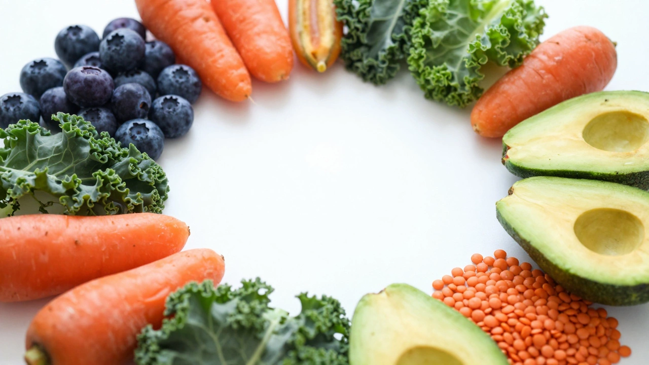 A colorful circle of various whole fruits, vegetables, and legumes
