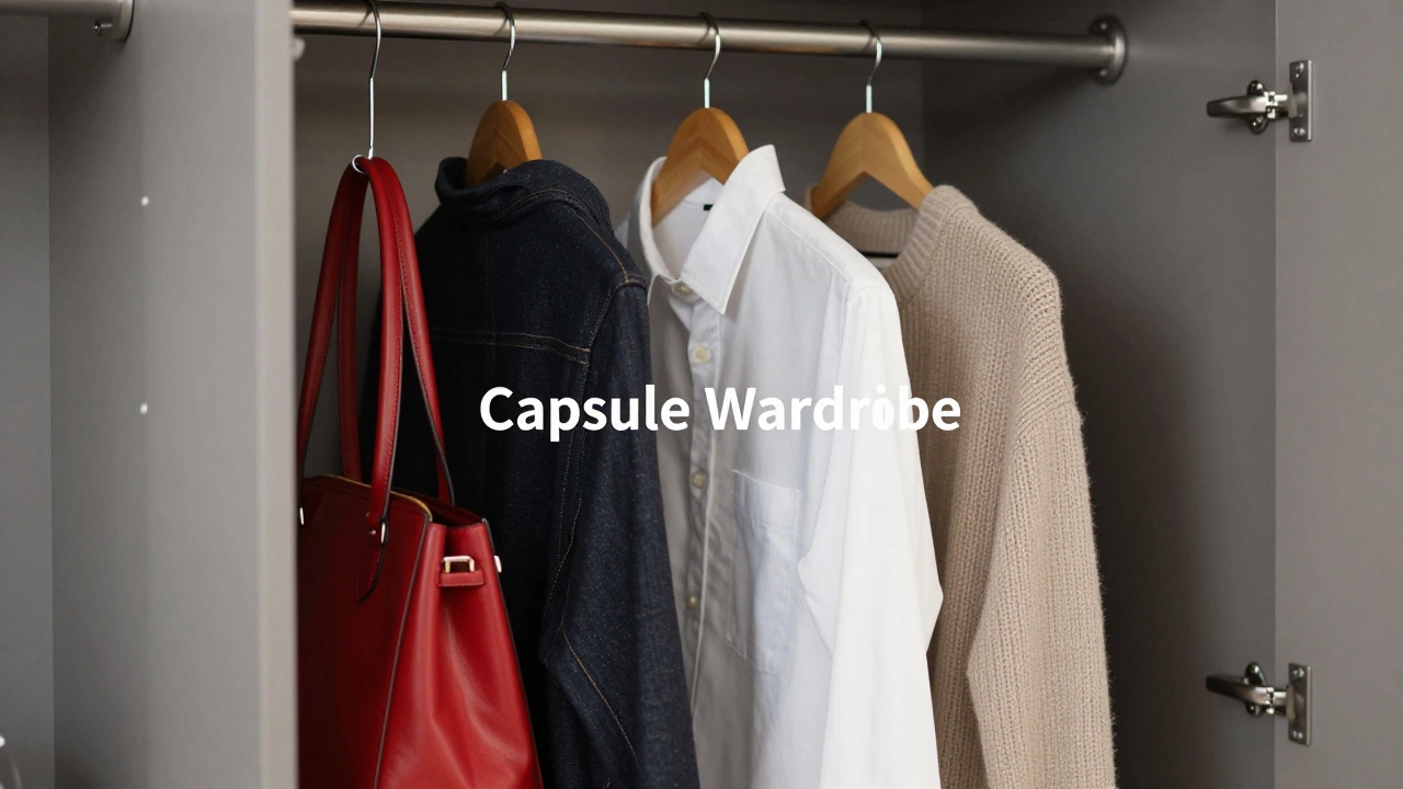 A curated capsule wardrobe featuring neutral anchor pieces and one bold red handbag.