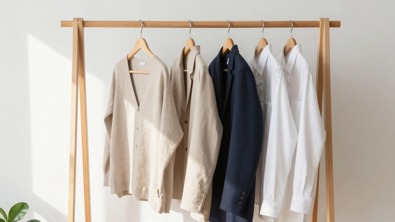 A curated capsule wardrobe with a few neutral-colored clothes hanging on a wooden rack.