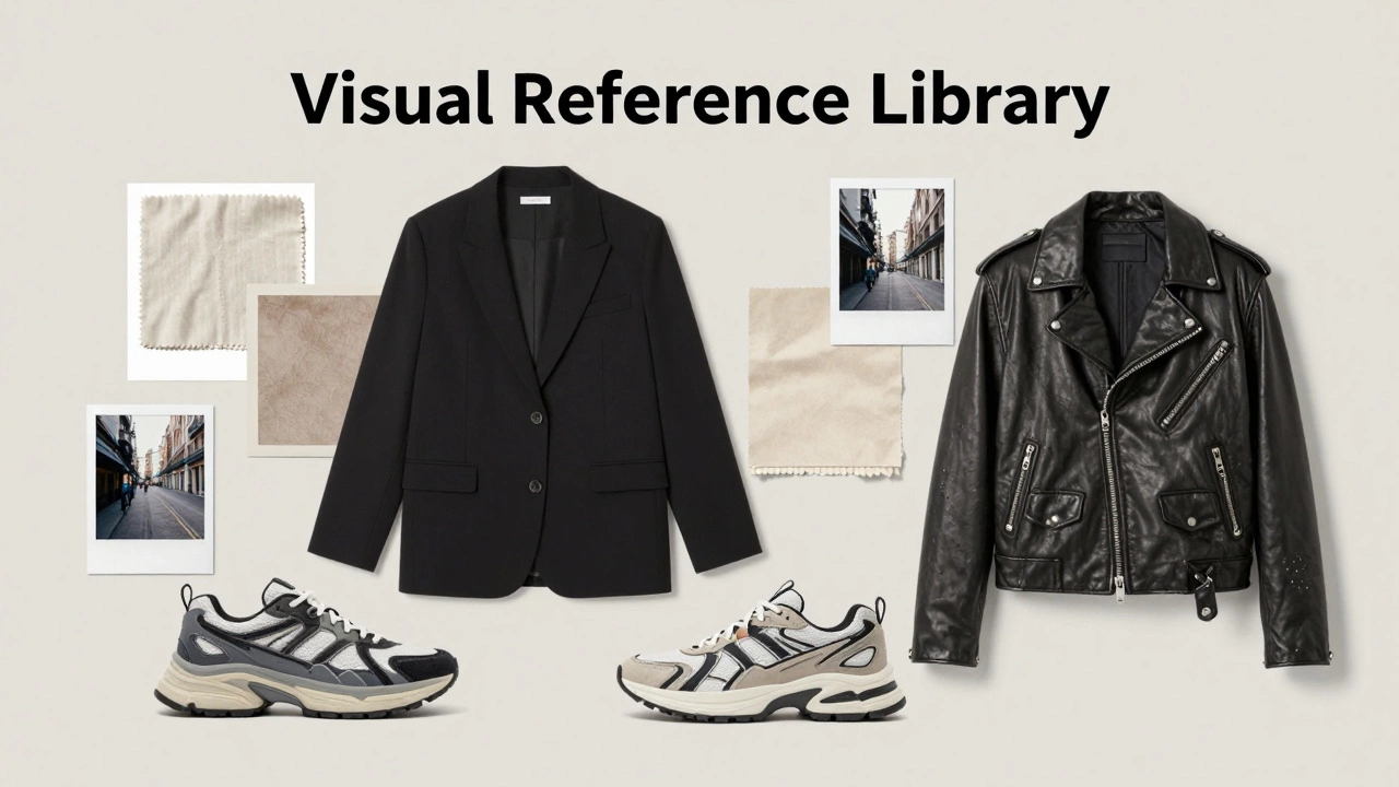 A curated flat lay of minimalist and streetwear clothing items with fabric swatches.