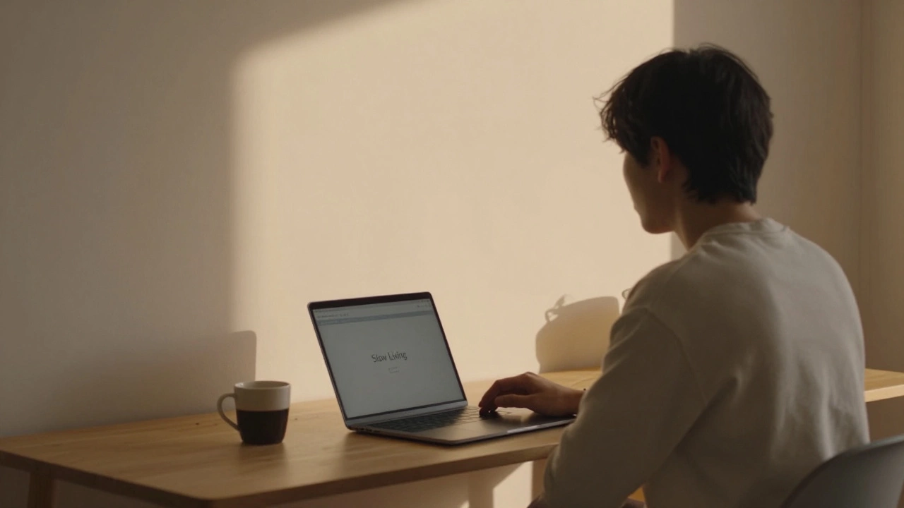 A person relaxing in a minimalist room with a cup of coffee, ignoring a closed laptop.