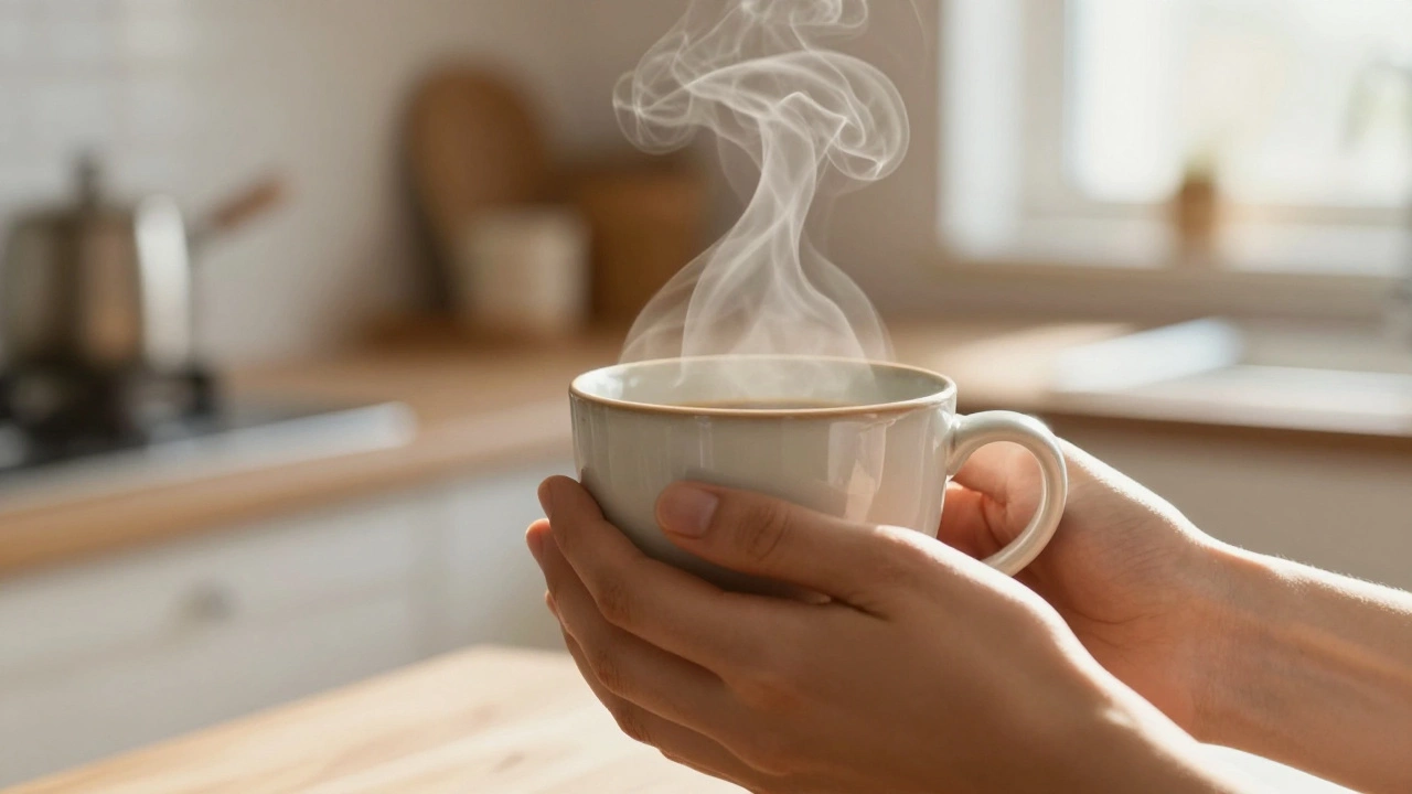 Close-up of hands holding a steaming ceramic coffee mug in soft morning sunlight