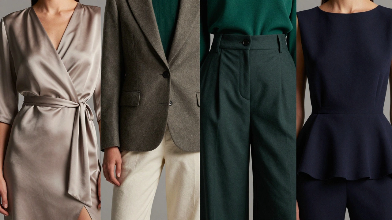Close-ups of a wrap dress, structured blazer, wide-leg trousers, and a peplum top