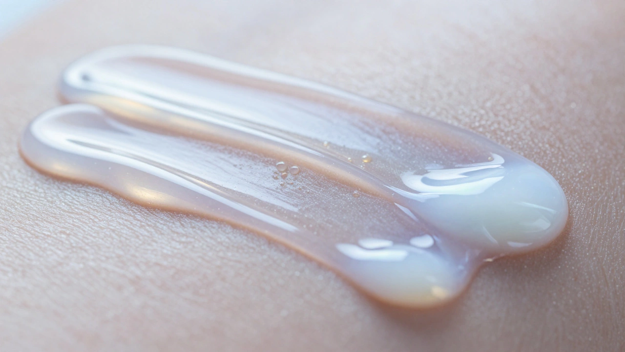 Conceptual macro view of skincare layers of different viscosities absorbing into the skin.