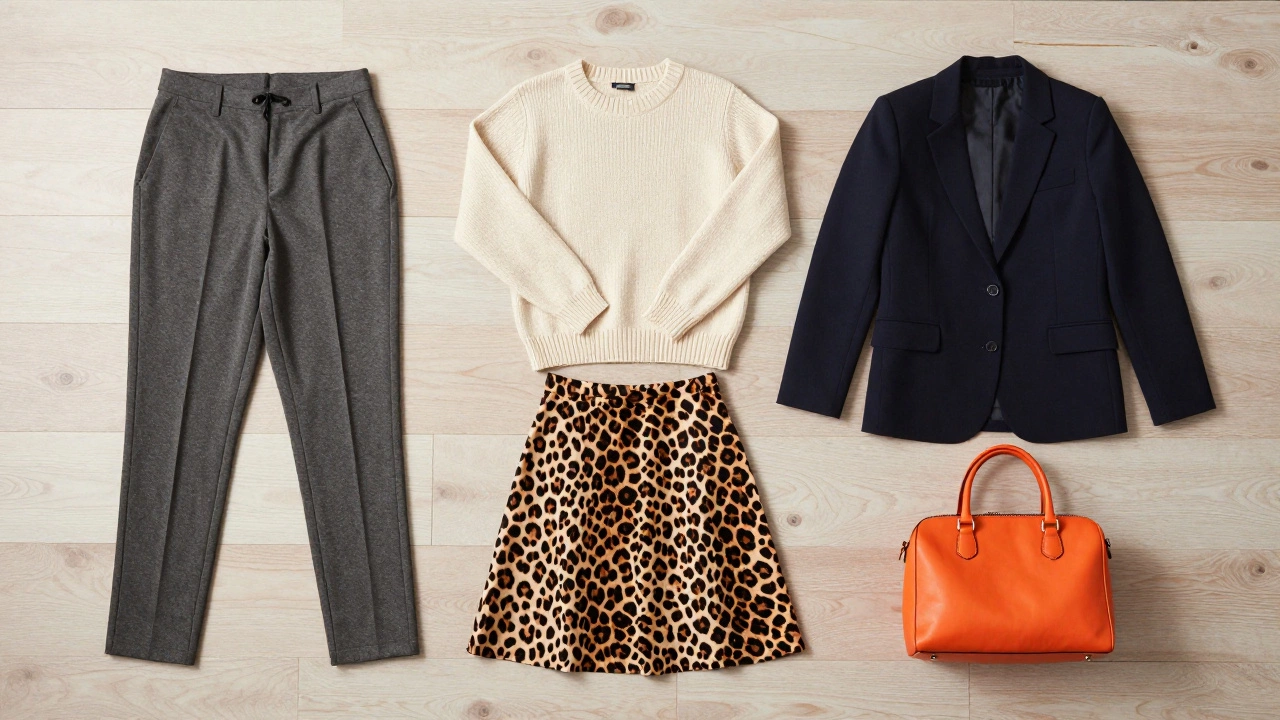 Flat lay of a wardrobe showing a balance of neutral basic clothes and a few bold statement pieces.