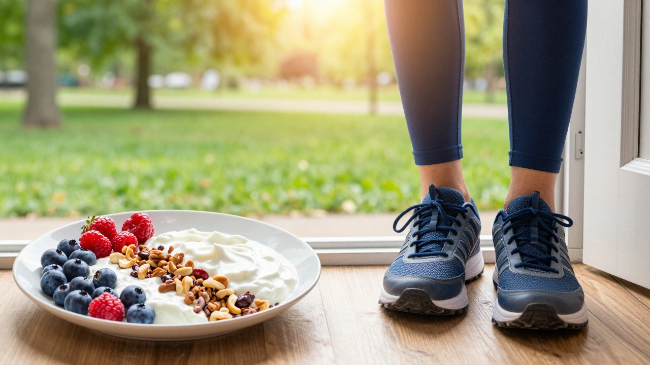 Healthy protein breakfast and walking shoes next to a sunlit park entrance